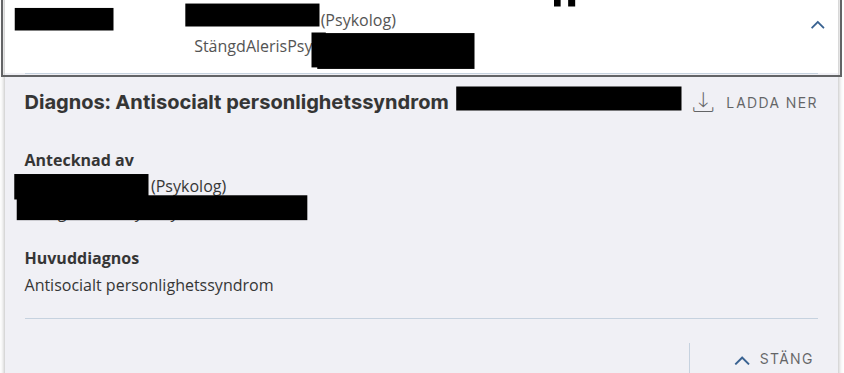 Journalutdrag: Diagnos Antisocialt Personlighetssyndrom